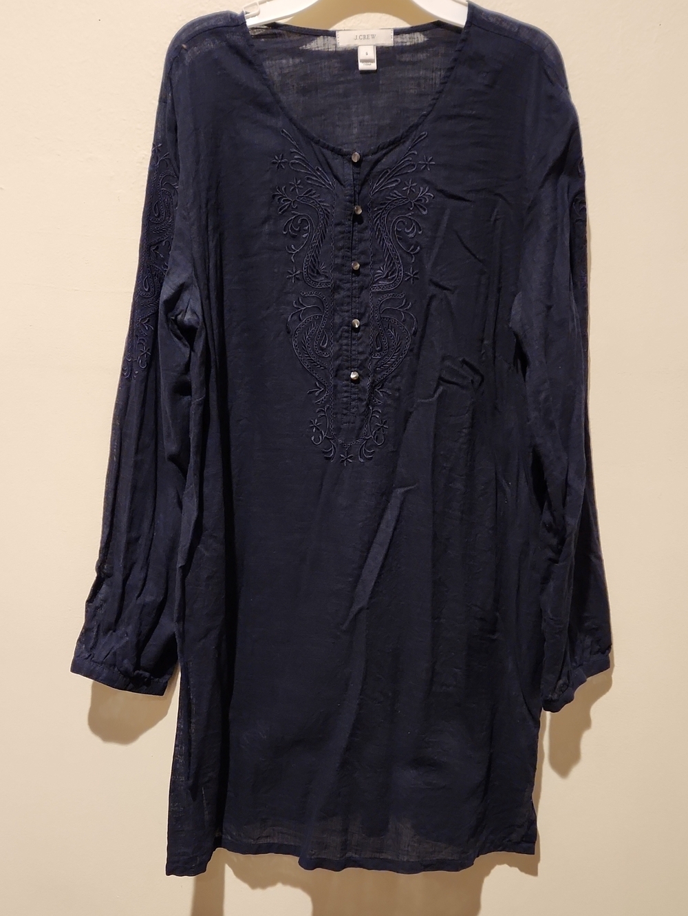 ❤️ J CREW EMBROIDERED LINEN COTTOM COVER-UP TUINIC DRESS. NAVY BLUE, SMALL